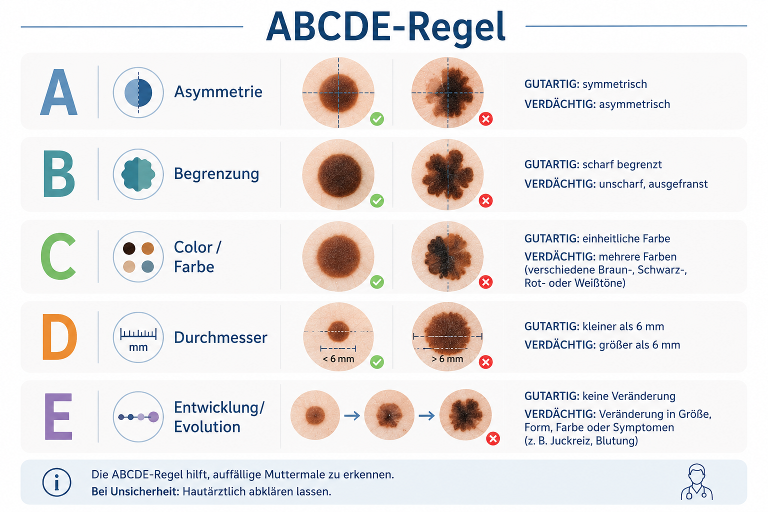 ABCD-Regel zur Beurteilung auffälliger Muttermale und Melanom-Warnzeichen